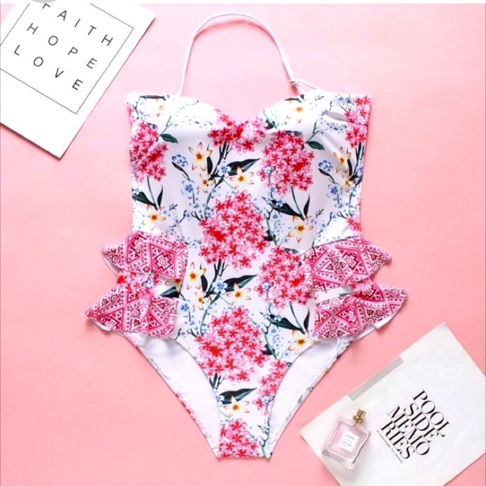 Patterned pink one piece swimsuit
